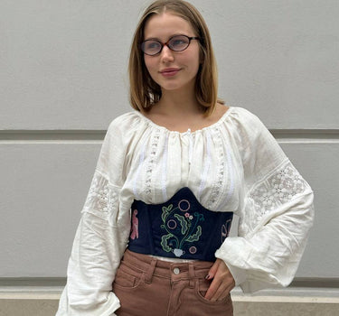 Жіночий корсет з вишивкою "Птахи" синій | Hrushenka