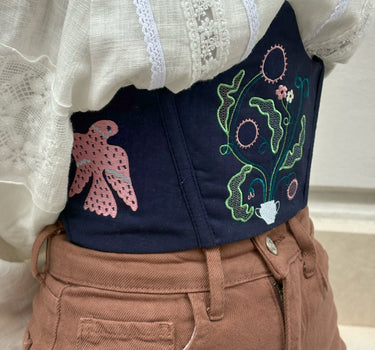 Жіночий корсет з вишивкою "Птахи" синій | Hrushenka