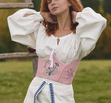 Жіночий корсет з вишивкою "Птахи" рожевий | Hrushenka